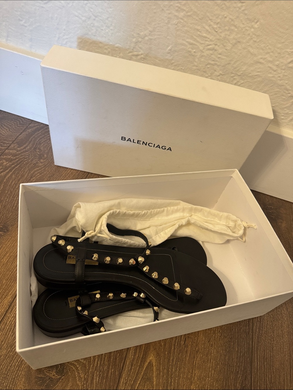 Balenciaga Black Sandals with Gold Stud Accents